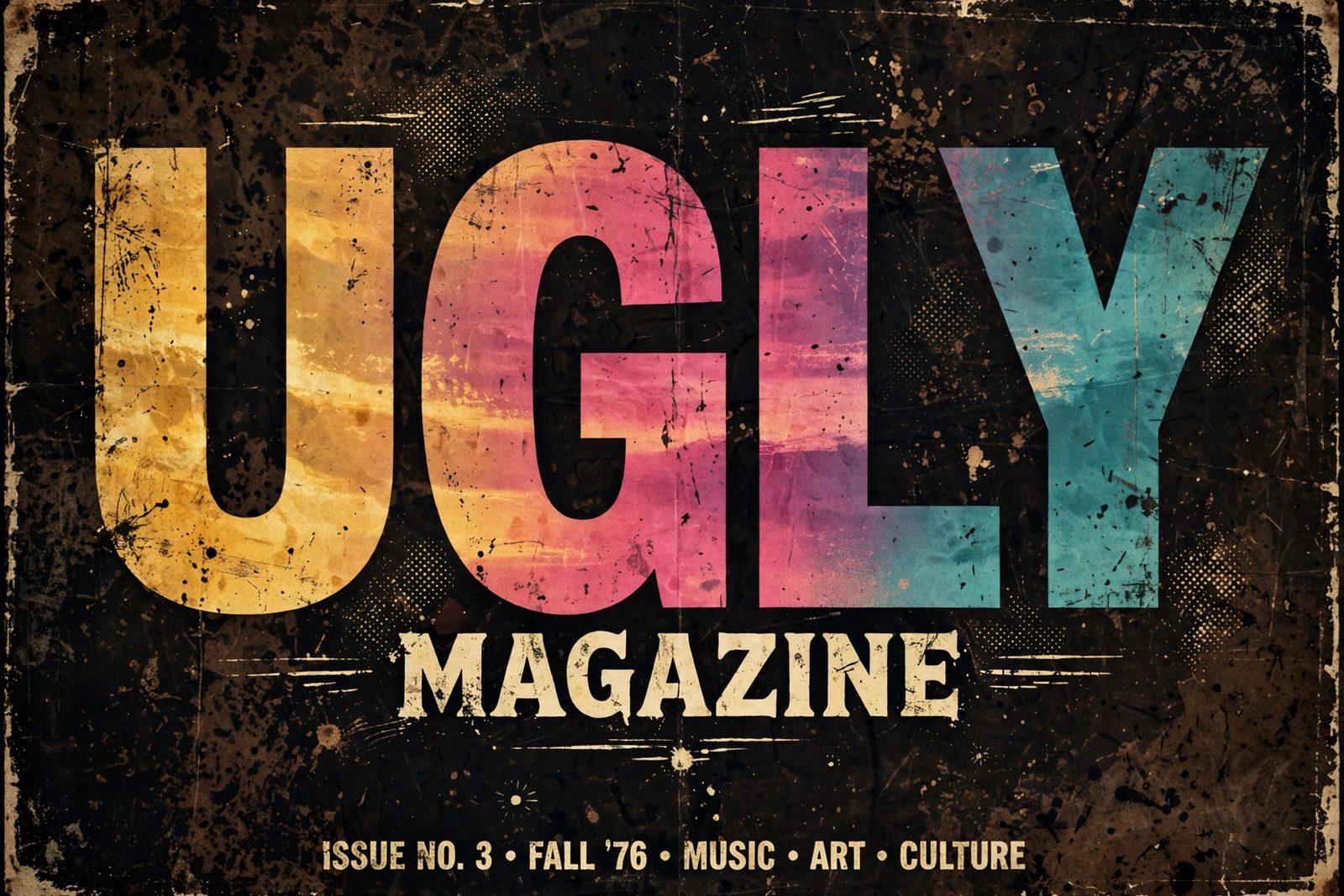 Ugly Magazine distressed gig-poster logo with sunset gradient lettering