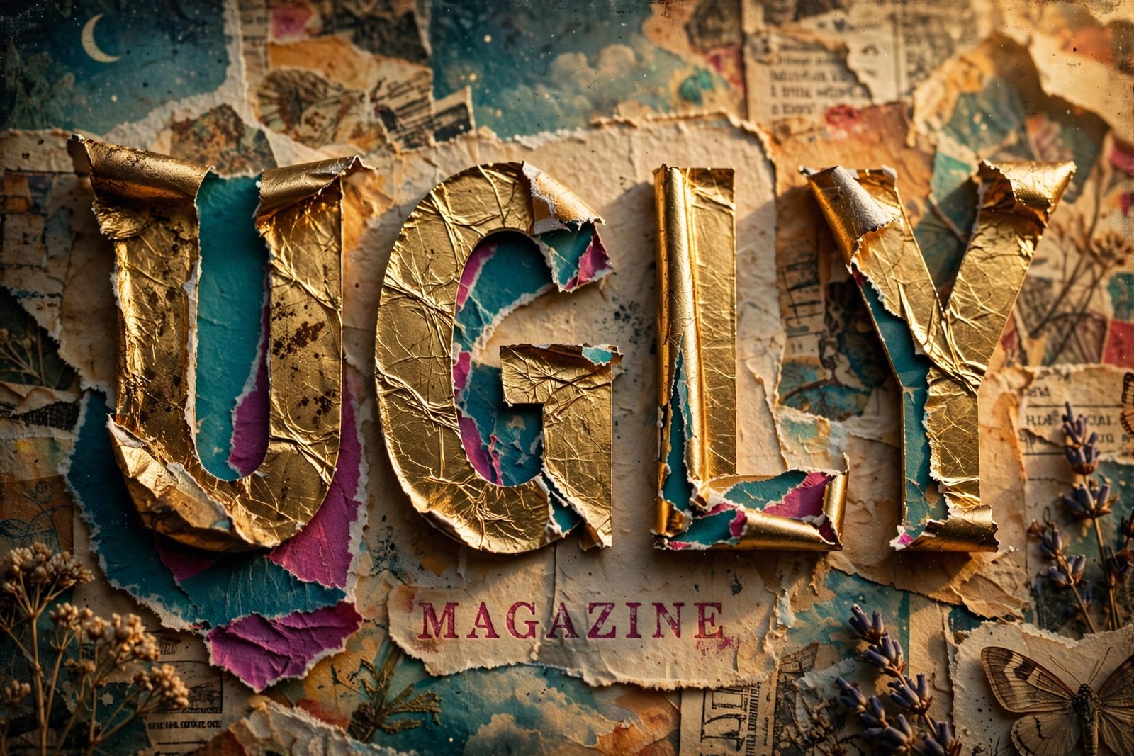 Ugly Magazine peeling gold-foil sticker letters over torn paper collage