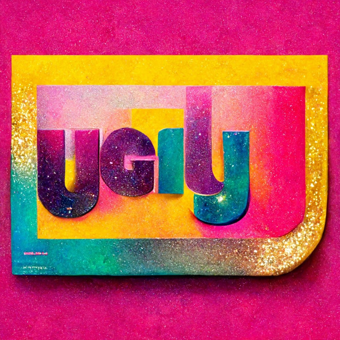 Galaxy-filled UGLY letters on glitter gold frame