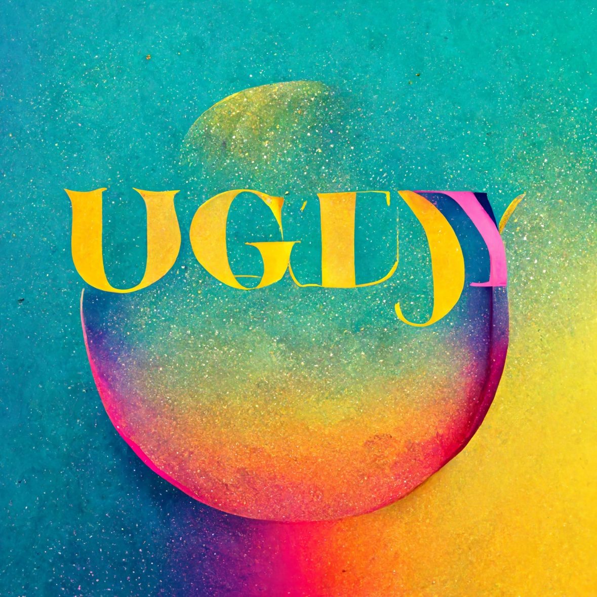 Gold serif UGLY on a teal cosmic sphere